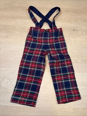 Janie and Jack Red & Navy Plaid Suspender Overalls